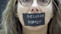 ANTI–Brett Kavanaugh – Demonstrators on day of hearing with his accuser Dr. Christine Blasey Ford Stock Footage