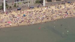 Aerials of a sunny Southend on Sea beach News Clip