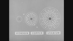 1950s: Illustrated atoms of copper, hydrogen and uranium with text Stock Footage