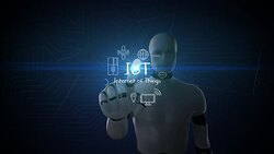 Robot, cyborg touching IoT, Hand drawing Internet of things icon. 4k movie.1. Stock Footage