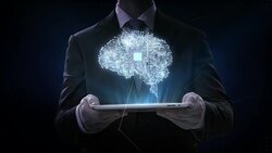 Businessman lifting smart pad, digital brain connected CPU chip circuit board, 4K movie.grow artificial intelligence. Stock Footage