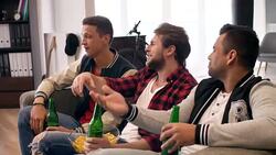 Outraged football fans at super bowl party Stock Footage