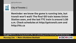 Toronto transit facing backlash for not extending service after World Series Game 7 News Clip