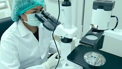 Woman Scientist counting cells using hemocytometer under microscope in laboratory Stock Footage