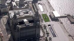 Aerials of the Liver Building and Liverpool city centre News Clip