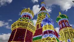 Christmas (New Year holidays) decoration on the area of the Kiyevskaya (Kiyevsky ) Railway Station at night, Moscow, Russia Stock Footage