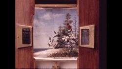 1970s: Hand holds ruler up to image of landscape with pine trees and shore Stock Footage