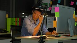 Businessman hard working to late night and work overtime at office. Manager assigns task after timeout of work. Concept of business management, office syndrome and eye problems. Stock Footage