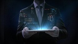 Businessman lifting tablet, graphic user interface, Futuristic digital display, grow artificial intelligence. 4k movie.2. Stock Footage