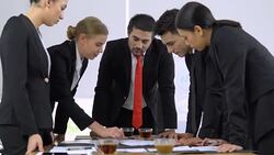 Brainstorming about project in the meeting room. Stock Footage