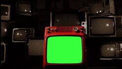 Old Red Tv Green Screen In The Middle Of Many Tvs. Bad Signal. Sepia Tone. Stock Footage