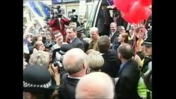 Stockshots Tony Blair PM boarding a battle bus News Clip