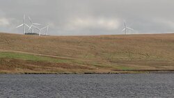 Wind turbines next to a Scottish loch Stock Footage