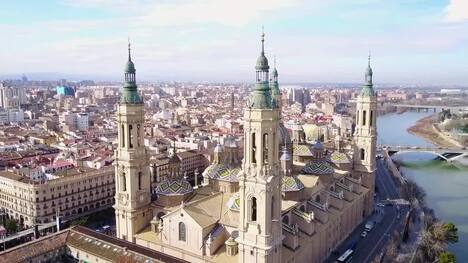 Zaragoza's Historic Basilica: Drone Views of Spanish Icon on the Ebro River