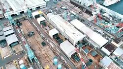 Aerial view of shipyard Stock Footage