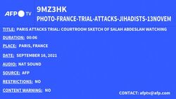 CLEAN : Paris attacks trial: courtroom sketch of Salah Abdeslam watching images of the attacks News Clip