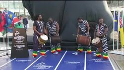 African drummer’s playing whilst 2022 Commonwealth Games countdown clock is being unveiled News Clip