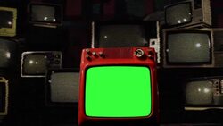 Old Red Tv Green Screen In The Middle Of Many Tvs.  Sepia Tone. Stock Footage
