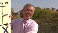 Scottish Liberal Democrat leader Willie Rennie posing with giant ballot News Clip