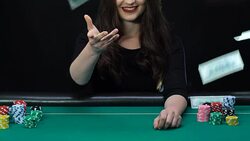 Happy woman showing pair of aces and starting celebrate victory, money falling Stock Footage