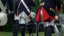 Revolutionary War cannon firing at line of opposing forces Stock Footage