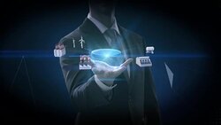 Businessman opens palm, Smart Factory, solar panel, wind generator, Hydroelectricity connect Internet of things, green energy. 4k movie. Stock Footage