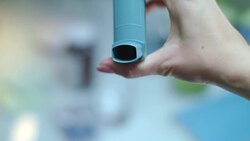 Push asthma inhaler. Medical equipment asthma patient. Medical treatment Stock Footage