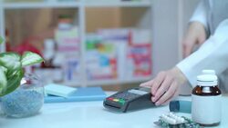 Credit payment at drugstore. Electronic payment at pharmacy. Pos terminal Stock Footage