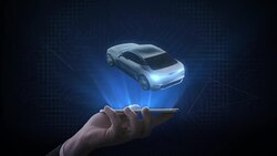 Lifting smart phone, Rotating Electronic, hybrid, lithium ion battery echo car.  scanning inside view with user interface, eco-friendly future car. 4k movie.1. Stock Footage