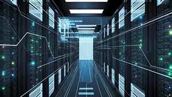 Beautiful Rows of Server Racks in Modern Datacenter Working with Graphics Elements. Looped 3d Animation of Busy Mainframes. Digital Media and Futuristic Technology Concept. Stock Footage