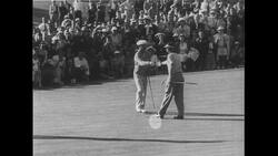 United States, 1950s: Ben Hogan hits ball in hole, shakes hands with Skee Riegel Stock Footage