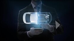 Businessman multi slide touch smart phone, Electronic car, ion battery echo car. Charging car battery. Battery level check, future car. top view. 4k movie. Stock Footage