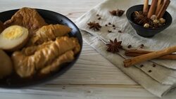 hard-boiled egg in brown sauce or sweet gravy sauce Stock Footage