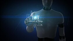 Robot, cyborg touching IoT, Hand drawing Internet of things icon. 4k movie.2. Stock Footage