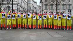 Chicken protest opposite Downing Street urges Sunak to name election date News Clip
