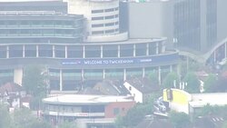 Aerials of a drive through coronavirus test centre at Twickenham News Clip