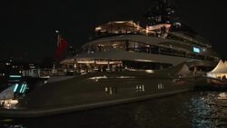 Night shots of a superyacht on the River Thames News Clip
