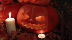 Large and small orange pumpkins. Halloween. Stock Footage