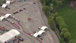 Aerials of a drive through coronavirus test centre at Twickenham News Clip