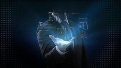 Businessman opens palm, graphic user interface, Futuristic digital display, grow artificial intelligence. 4k movie. Stock Footage