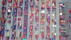 Strait of Malacca Aerial view port container terminal container ship in import export and business logistic at Deep water port Singapore Stock Footage