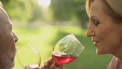 Senior couple holding wineglasses and drinking alcohol beverage on outdoor date Stock Footage