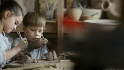 Children Sculpting with Pottery Clay in Workshop Stock Footage
