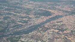 Aerial landscape at the city of Prague (Czech Republic) from the airplane window Stock Footage