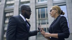 Angry boss scolding secretary about deadline, troubles at work, corporate ethics Stock Footage