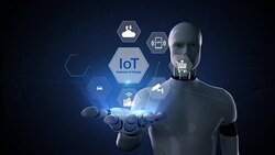 Robot, cyborg opens palm, IoT hexagon icon, Home security, cctv, smart city, mobile app, car, internet of thing. 4K movie. Stock Footage