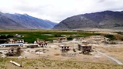 Aerial view of scenic Zanskar village with rang of mountains in  Zanskar is part of the Kargil district in India's northernmost state Jammu and Kashmir, India. Stock Footage