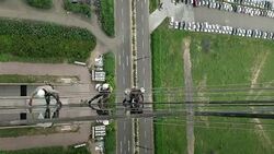 Top view of professional workers washing and cleaning window of building. Stock Footage