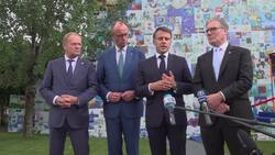 Sir Keir Starmer, Emmanuel Macron, Friedrich Merz and Donald Tusk speak to the media in Albania News Clip