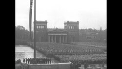 Nazi-crowded Konigsplatz during 1924 Beer Hall Putsch anniversary ceremony in Munich News Clip